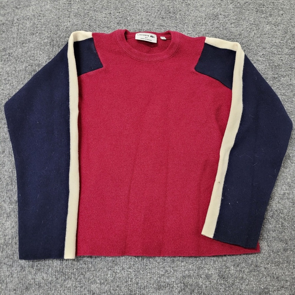 Lacoste Sweater Womens 34 Red Wool Colorblock Made in France Crewneck Knit